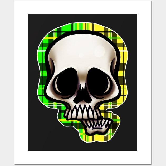 Yellow and Green Split Plaid Skull Wall Art by Jan Grackle